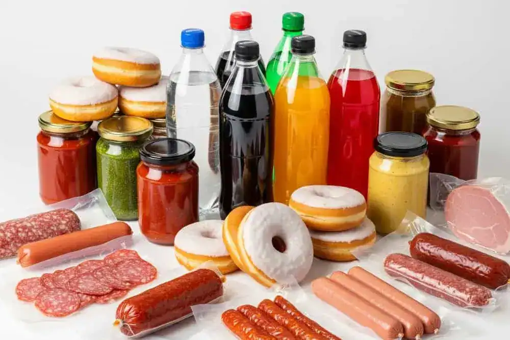 A spread of processed, packaged foods laden with additives — the synthetic chemicals Colonel's Pickle never uses