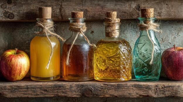 Bottles of vinegar on a rustic shelf — the industry shortcut Colonel's Pickle never uses; premium Afghani hing is used instead